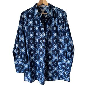 Chico's Sz 2.5/US 14 Ikat Print Cotton Tunic Top No Iron Button Front 3/4 Sleeve